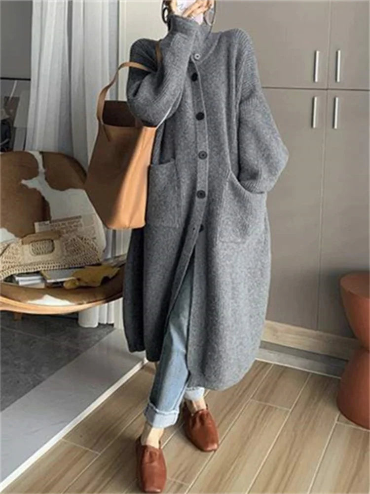 Oversized High-Neck Long Cardigan With Pocket