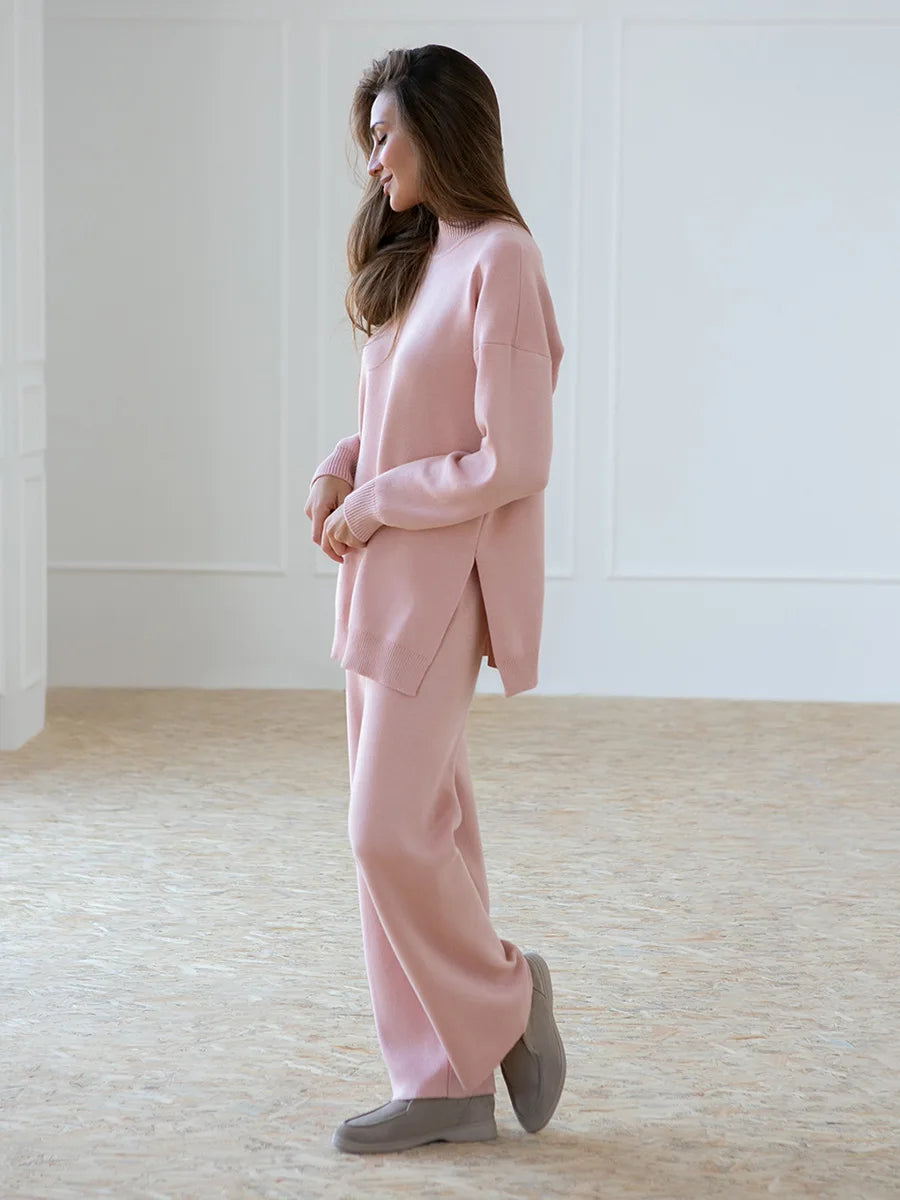 Half Turtleneck Sweater & Wide Leg Pants Knitted Set