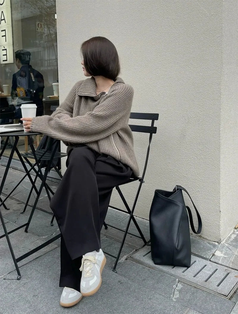 Oversized Irregular Zipper High Neck Cashmere Sweater