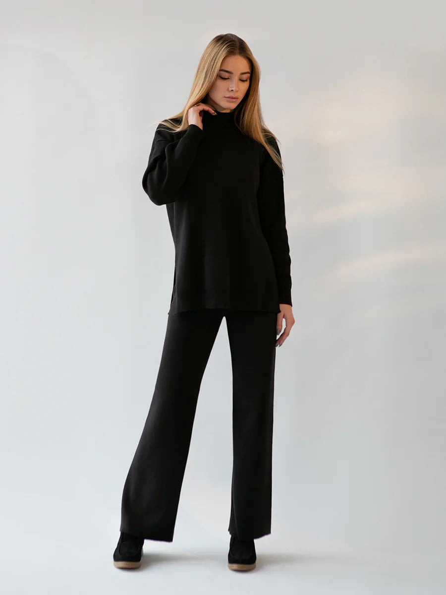 Half Turtleneck Sweater & Wide Leg Pants Knitted Set