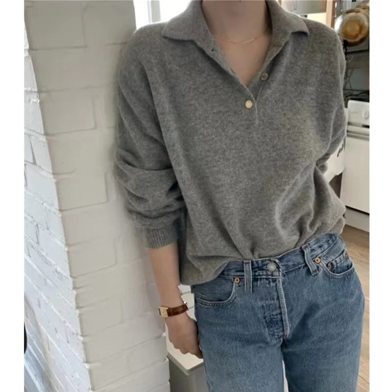 Polo Collar Gray Wool Sweater