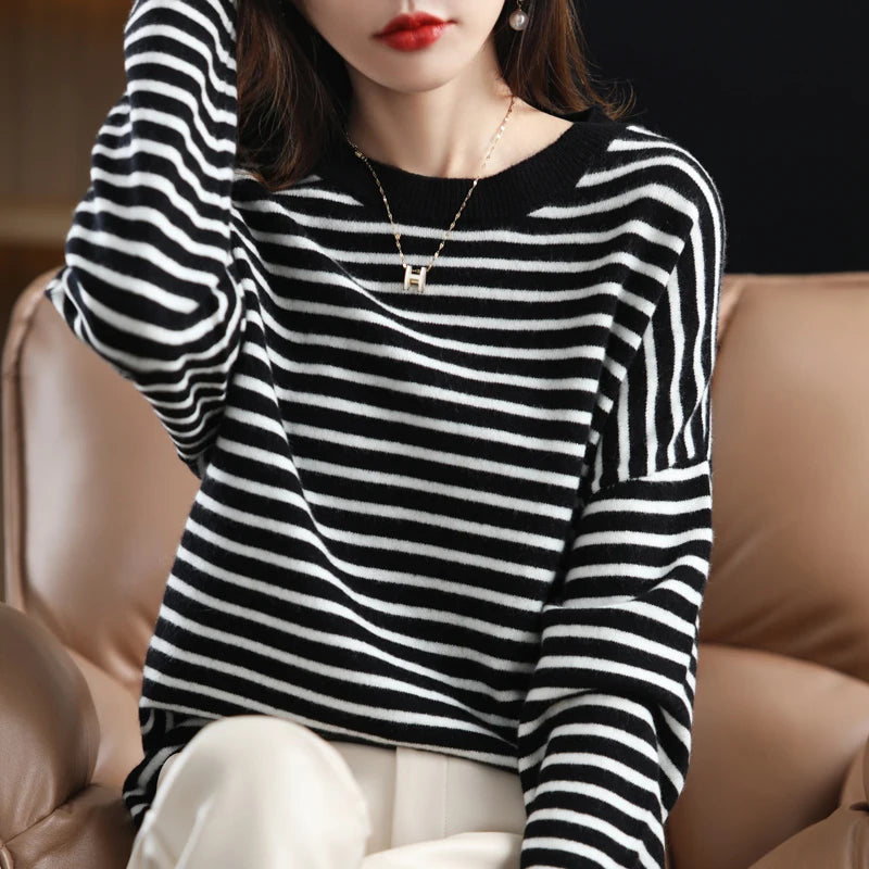 Oversized Round-Neck Striped Wool Sweater Pullover