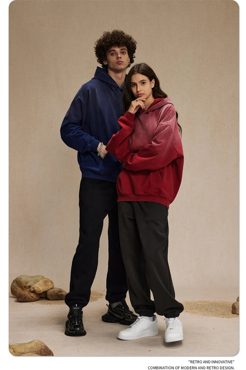 Retro Gradient Distressed Holes Washed Hoodies