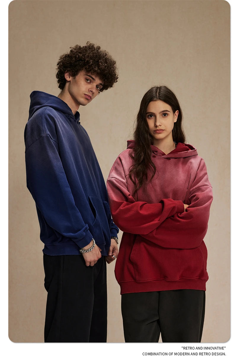 Retro Gradient Distressed Holes Washed Hoodies