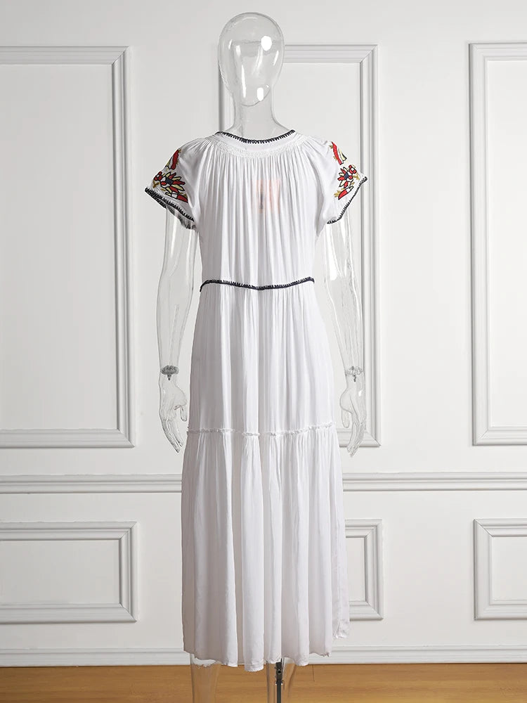 Embroidery V-Neck Tassel Bohemian Maxi Dress