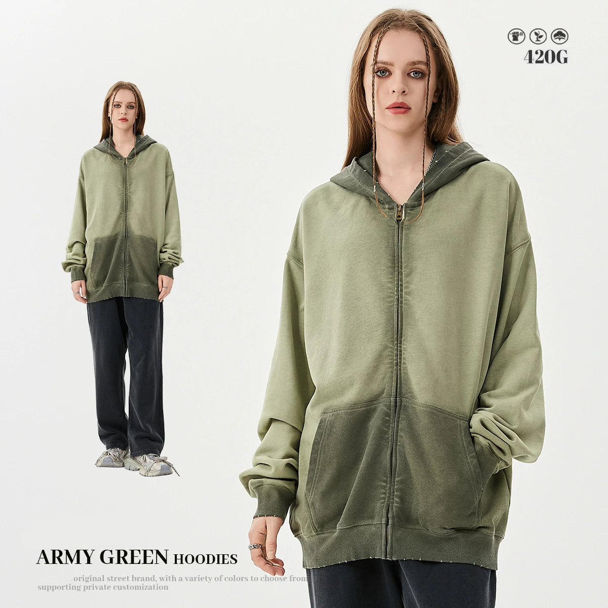 Oversized Cotton Zipper Washed Hoodies