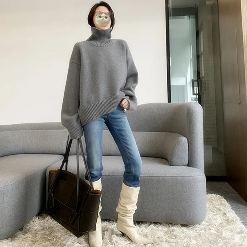 Loose High Neck Wool Pullover Sweater