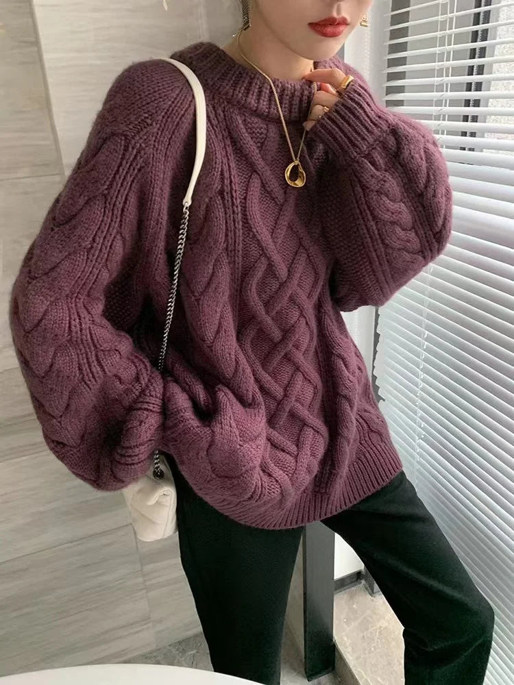 Twisted Woolen Knit Round Neck Sweater