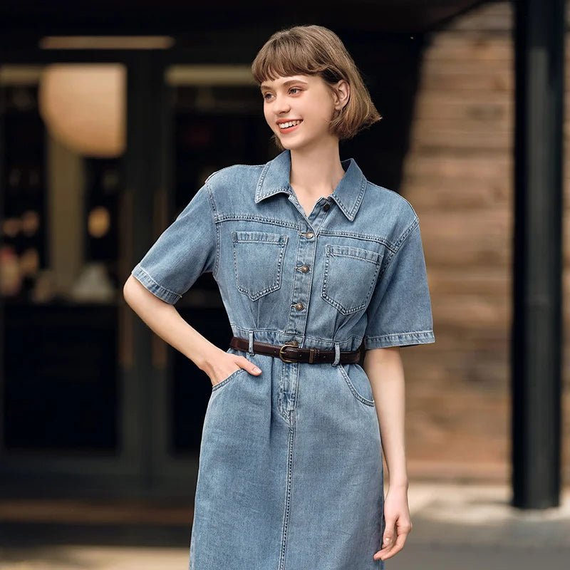 Waist-tightening High-end Long Denim Dress