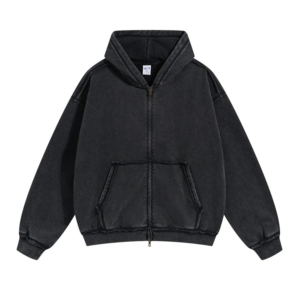 Distressed Washed Batik Retro Zipper Hoodies