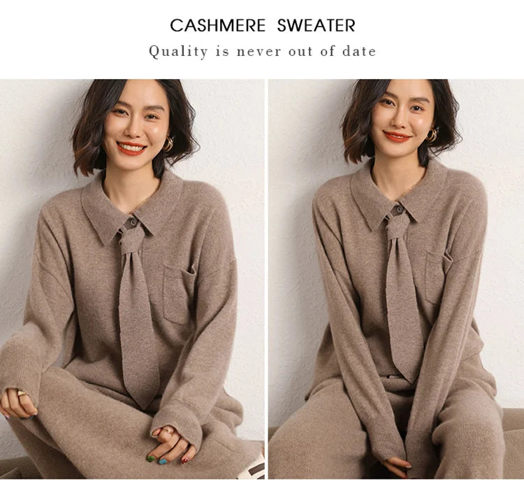100% Cashmere Knitted Turn-down Collar Shirt
