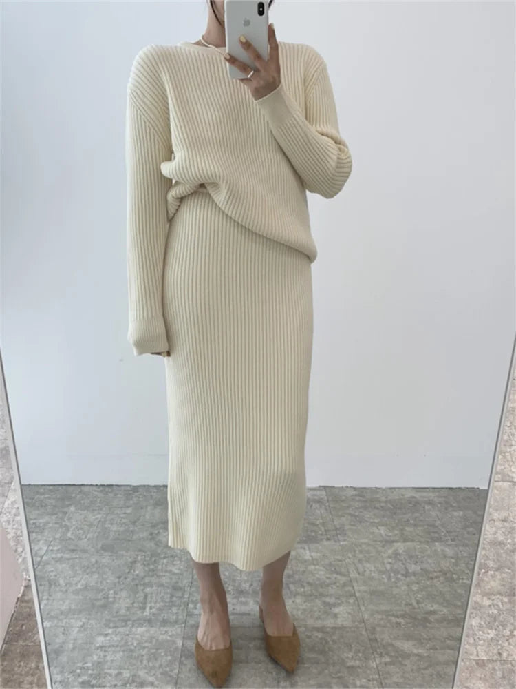 Ribbed Knited Round-Neck Sweater & Midi Skirt Set