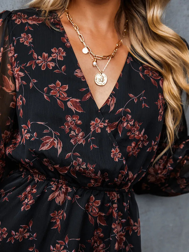 Floral Chiffon Long Sleeve V-neck Mini Dress