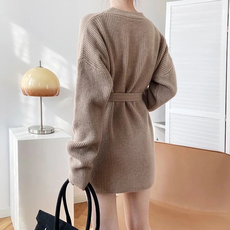 Vintage Round-neck Belted Knitted Dress