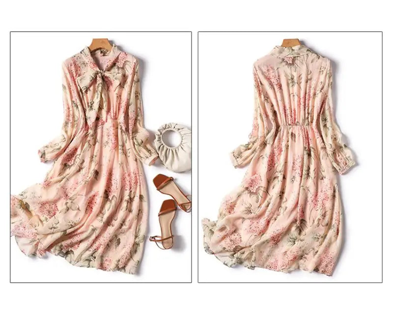 Floral Print Chiffon Bow Neck Long Sleeve Dress