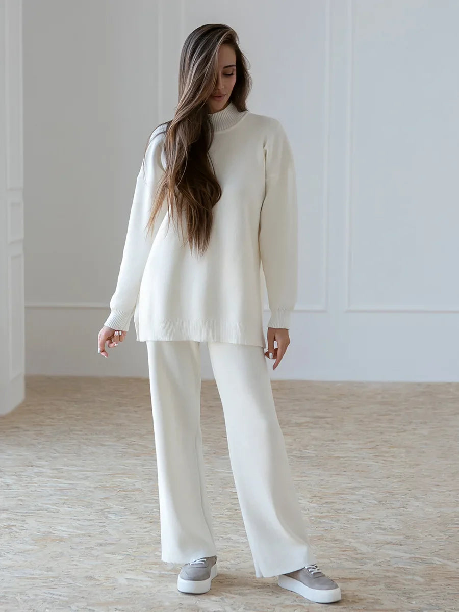 Half Turtleneck Sweater & Wide Leg Pants Knitted Set