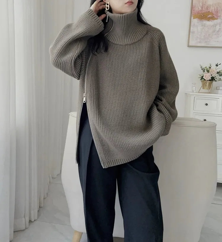 Oversized Irregular Zipper High Neck Cashmere Sweater
