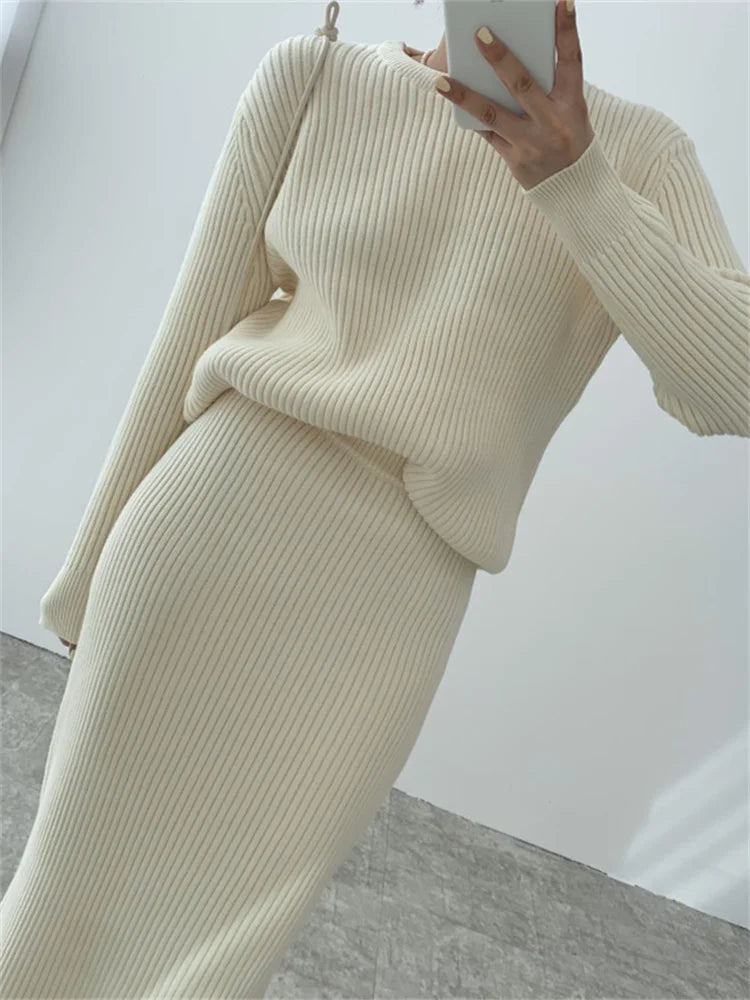 Ribbed Knited Round-Neck Sweater & Midi Skirt Set