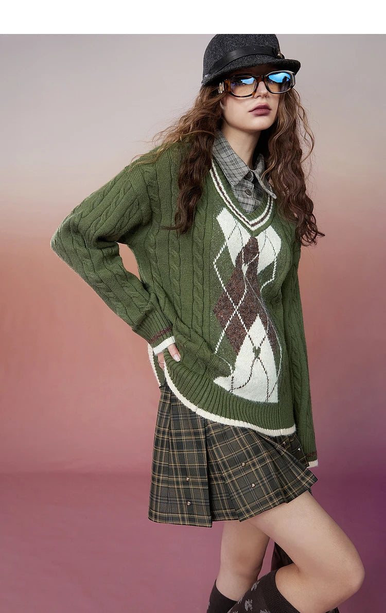 Retro Rhombus Spliced Pullover Sweaters