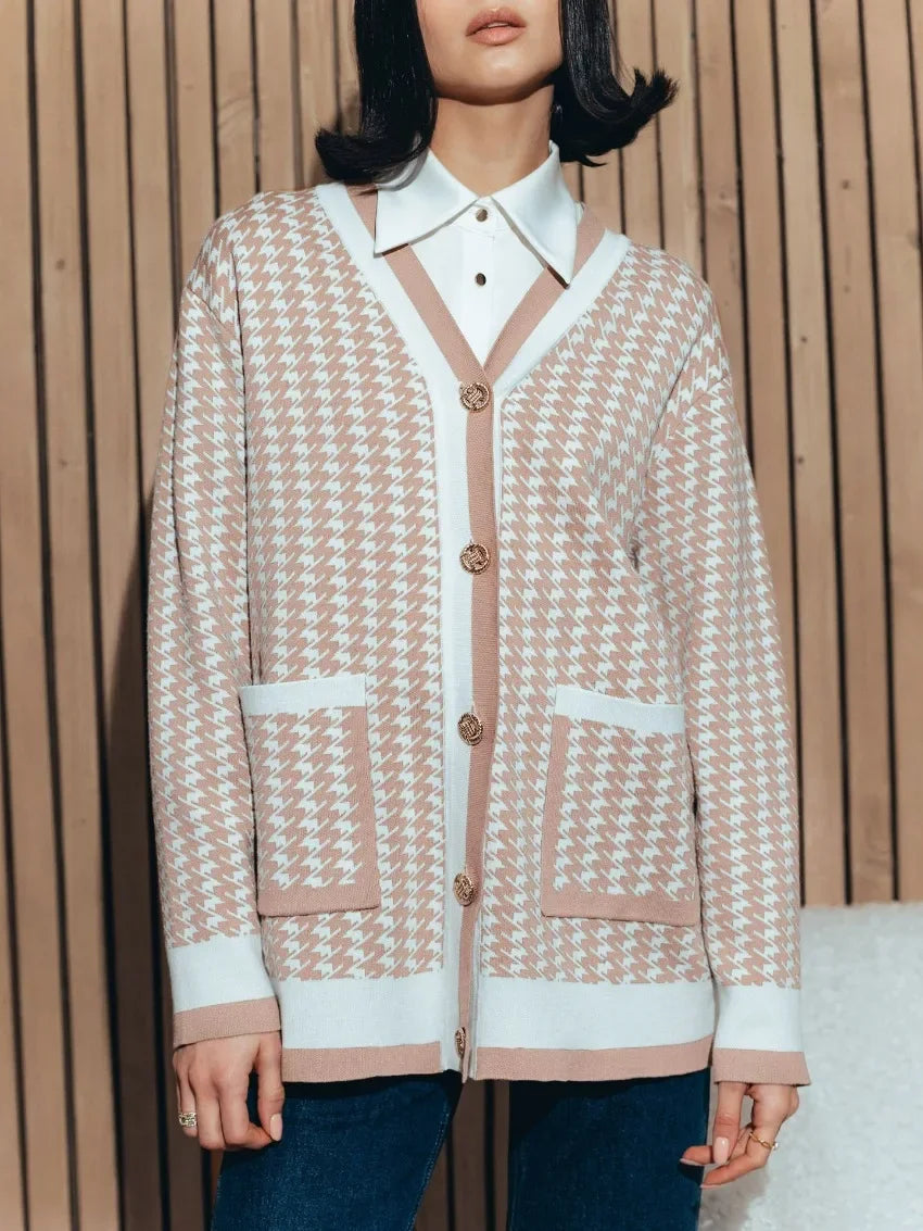 Vintage V-neck Houndstooth Knitted Cardigan