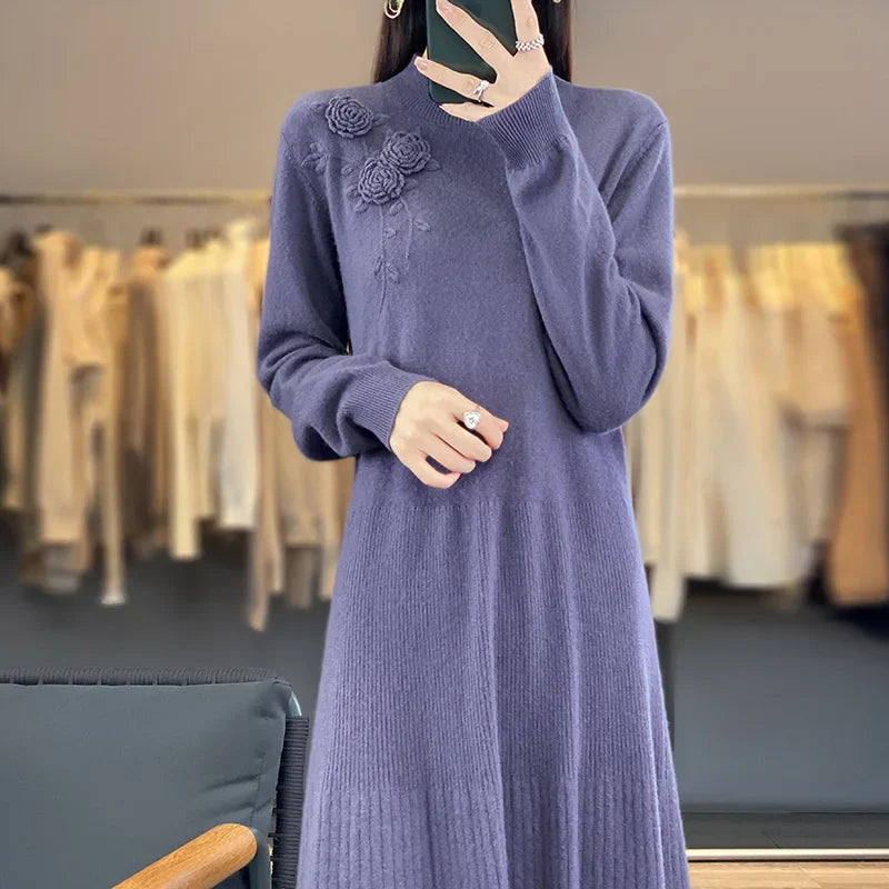 100% Pure Wool Knitted A-Line Long Sleeves Dress