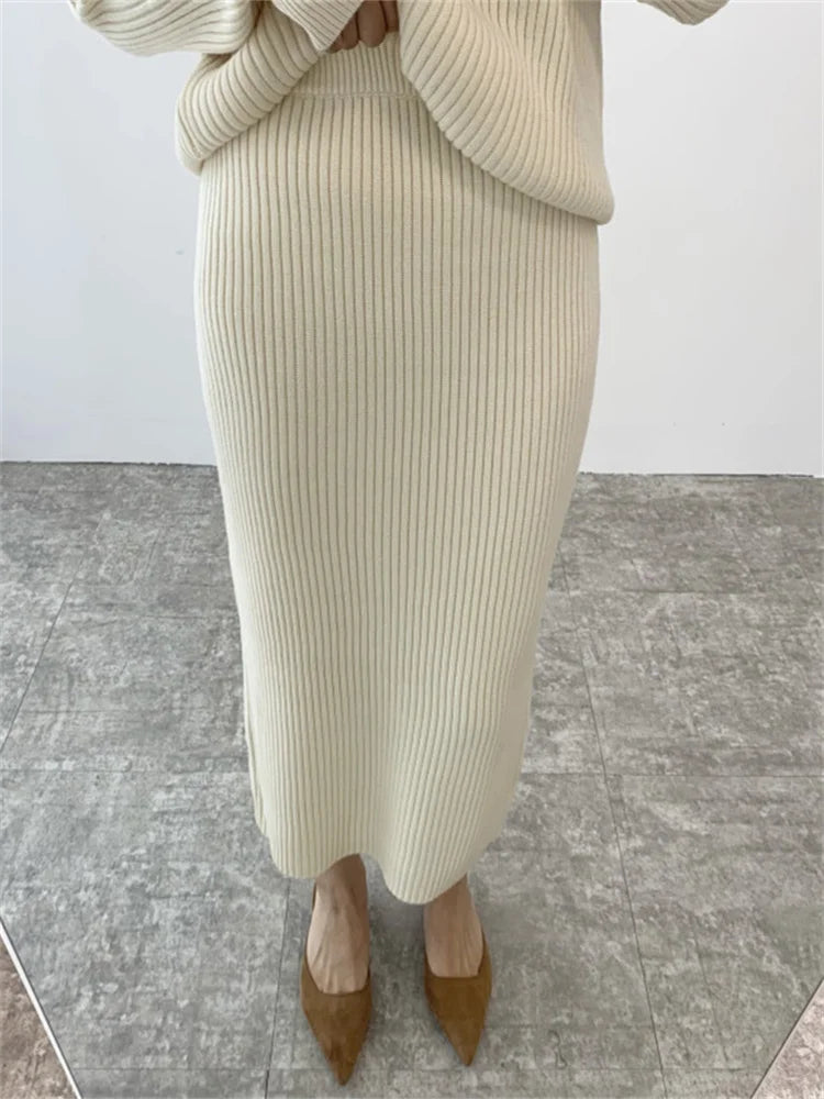 Ribbed Knited Round-Neck Sweater & Midi Skirt Set