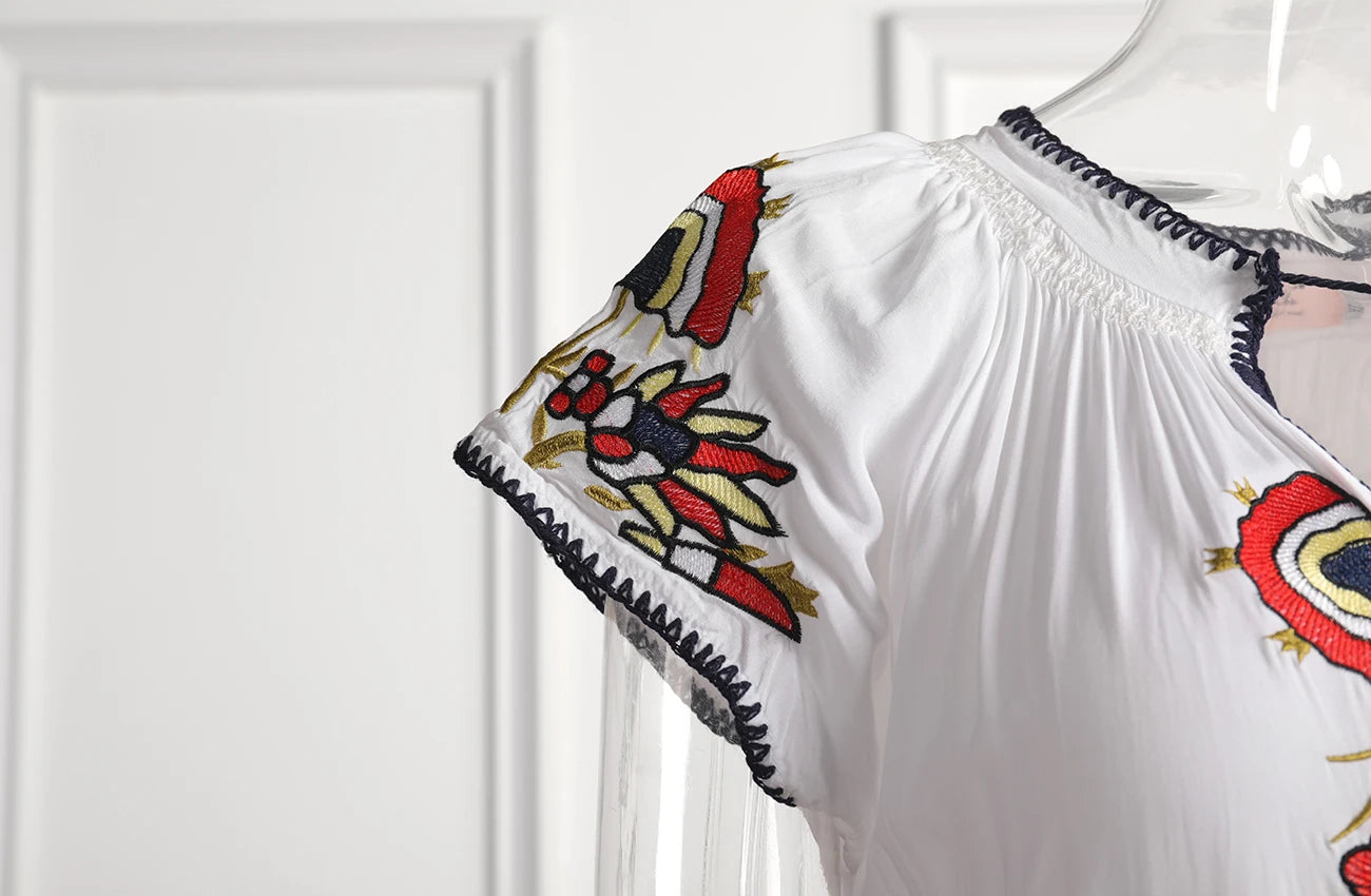 Embroidery V-Neck Tassel Bohemian Maxi Dress