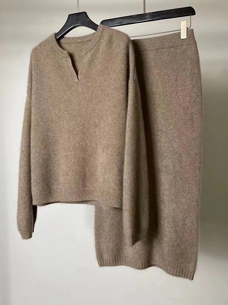 Solid Cashmere Sweater And Skirt Set
