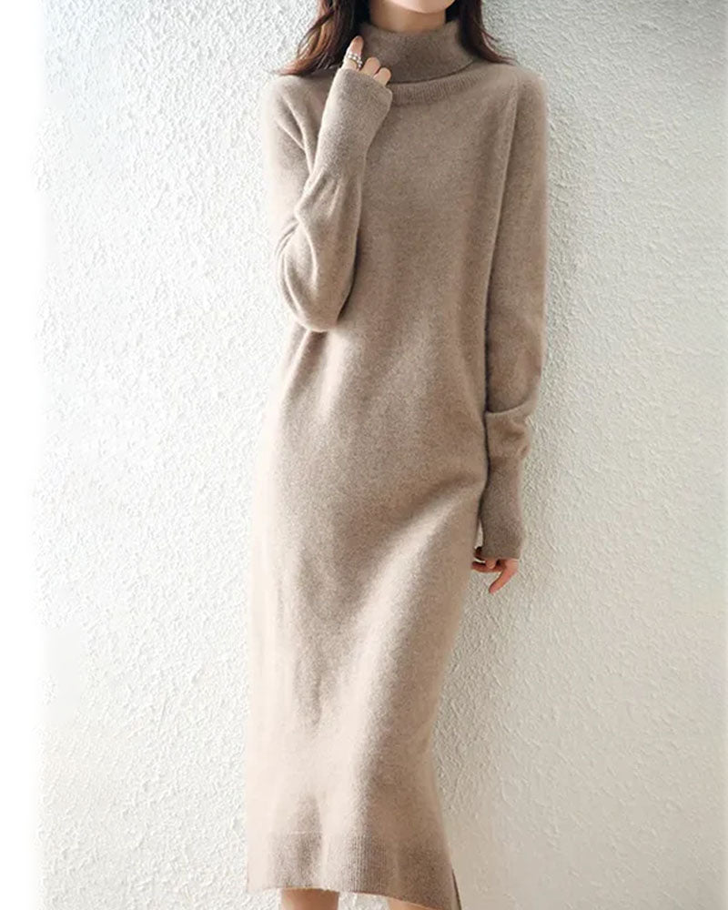 Woman brunching in the Turtleneck Pure-Wool Knitted Dress, 19.5-micron Merino rib drapes like jersey—your luxe yet breathable 45-65 °F fall-through-spring statement.