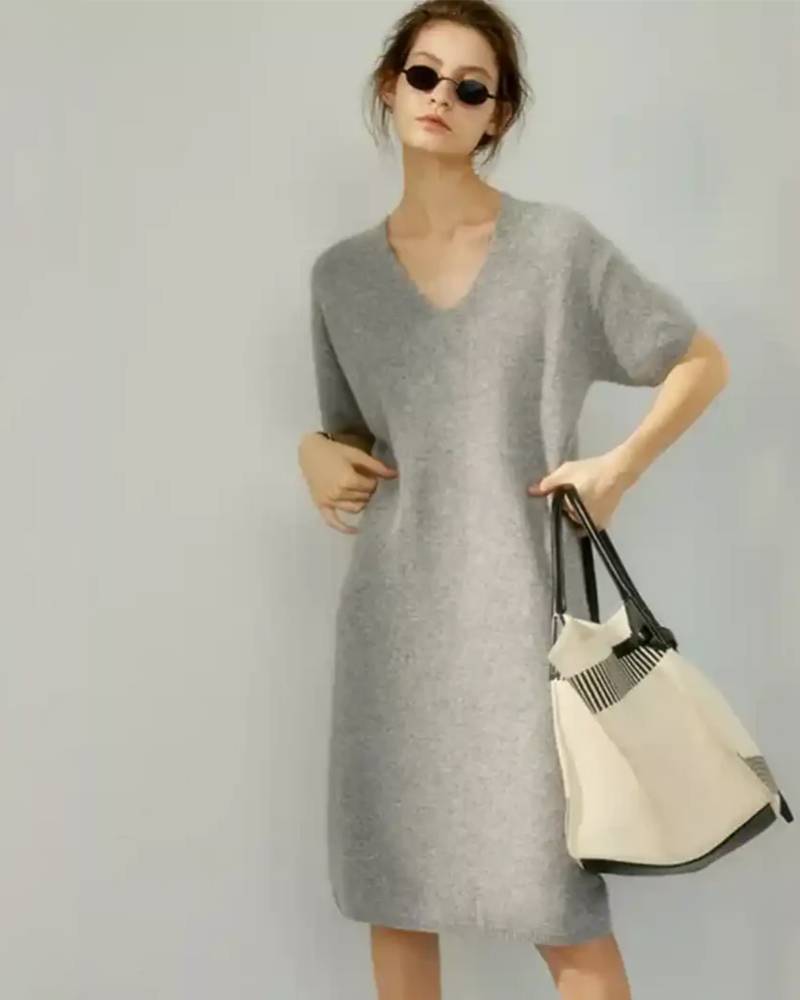 Wool & Cashmere Blended V-neck dress, short sleeves, A-line midi skirt, ribbed trim, soft camel—breathable winter elegance for her.