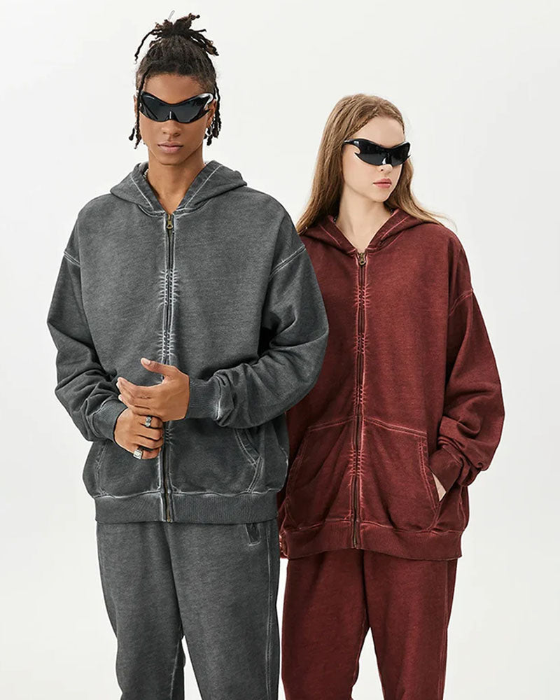 Zipper Washed Distressed Oversized Cotton Hoodies