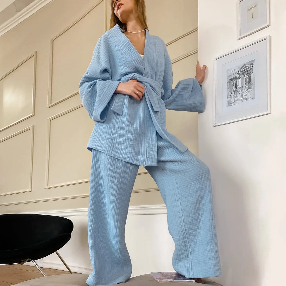 Pure Cotton Robe And Trousers Lounge Set