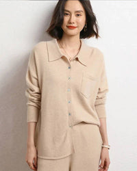 Luxe 100 % cashmere knit shirt with crisp turn-down collar, pearlized buttons, slim silhouette—office-smart warmth for winter weekdays.