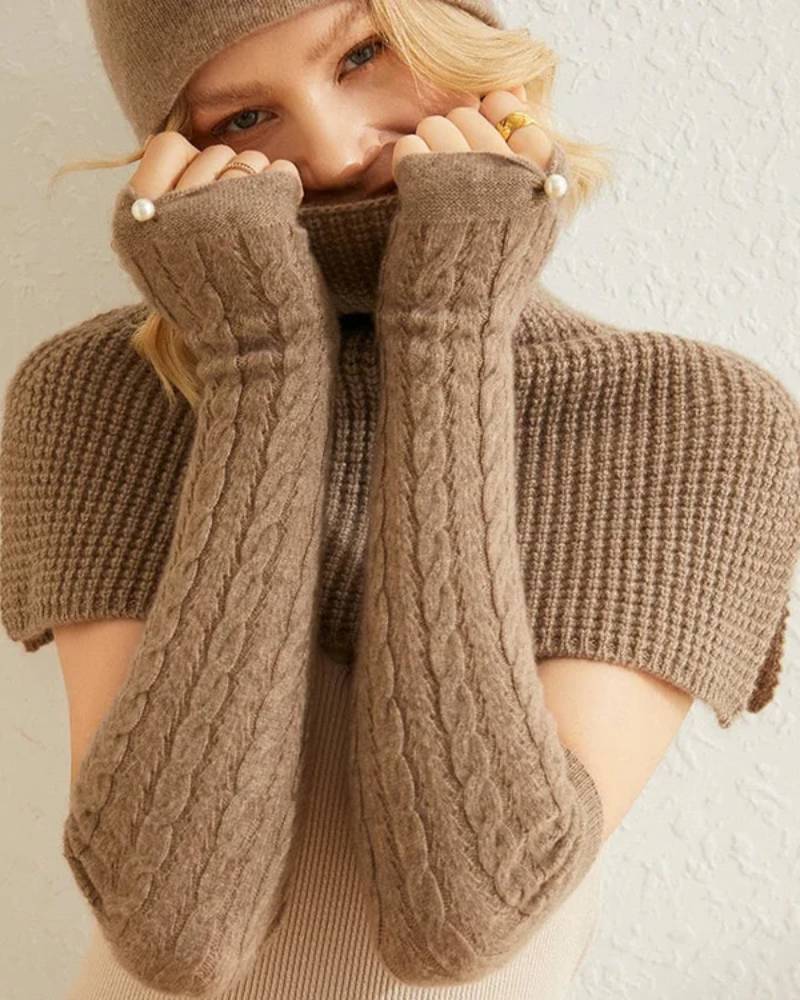 100% Cashmere Long Knitted Arm Warmers Thick Gloves