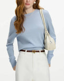 100 % wool crew-neck sweater, fine 19.5-micron knit, relaxed fit, ribbed cuffs, heather taupe—breathable warmth for winter layering or solo wear.