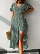Flared Short Sleeve V-neck Wrap Tie Beach Dress