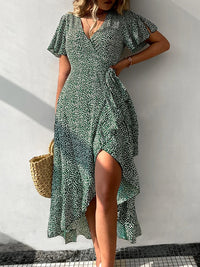 Flared Short Sleeve V-neck Wrap Tie Beach Dress