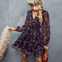 Floral Chiffon Long Sleeve V-neck Mini Dress