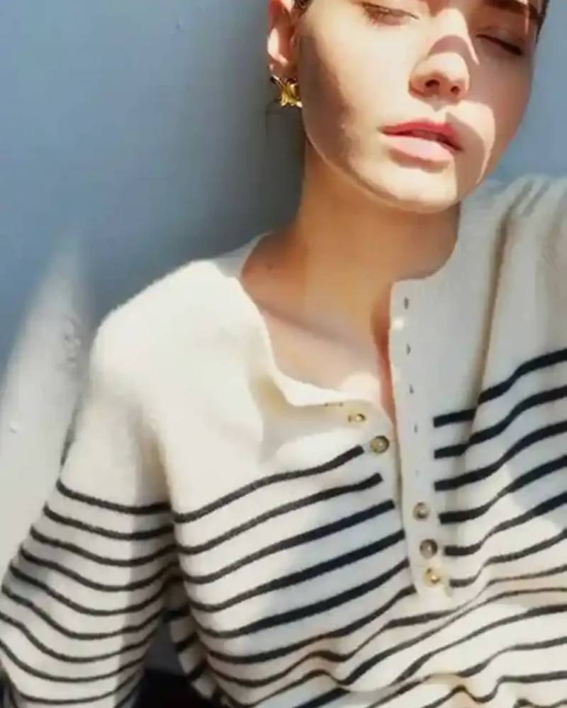 Button Detailed Striped Wool Pullover
