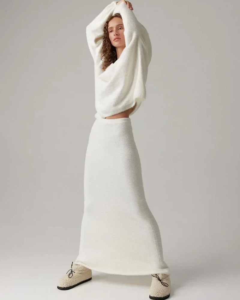 Casual V-neck Sweater& Skirt Set