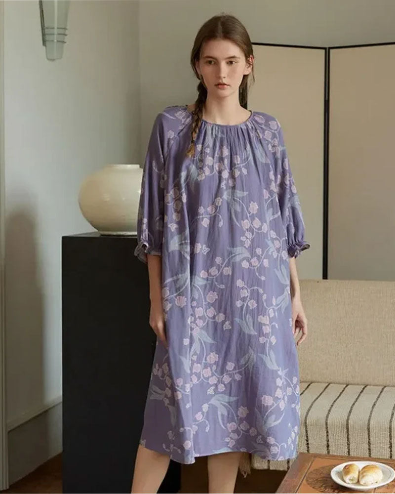 Cotton Purple Flower Print round Neck Nightdress