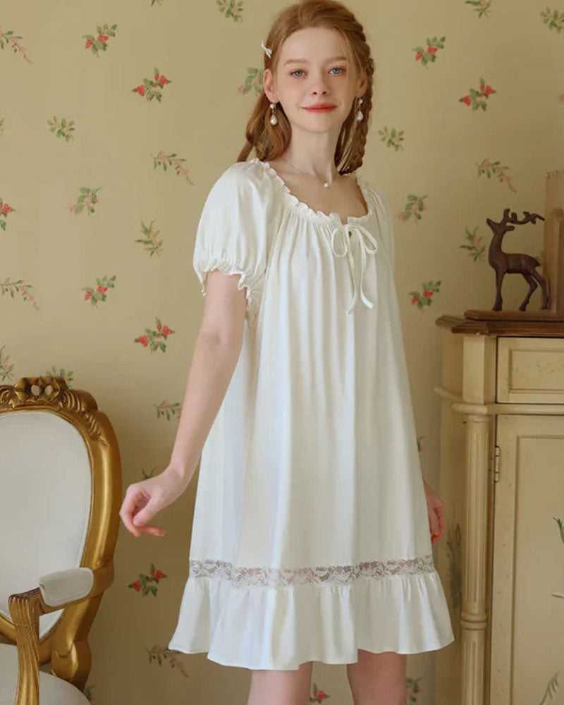 Cotton Short Sleeves Lace Nightdress