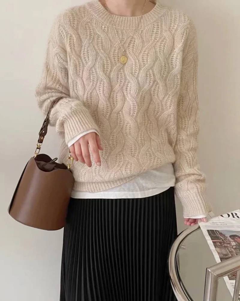 Crew Neck Cable Knit Cashmere Sweater