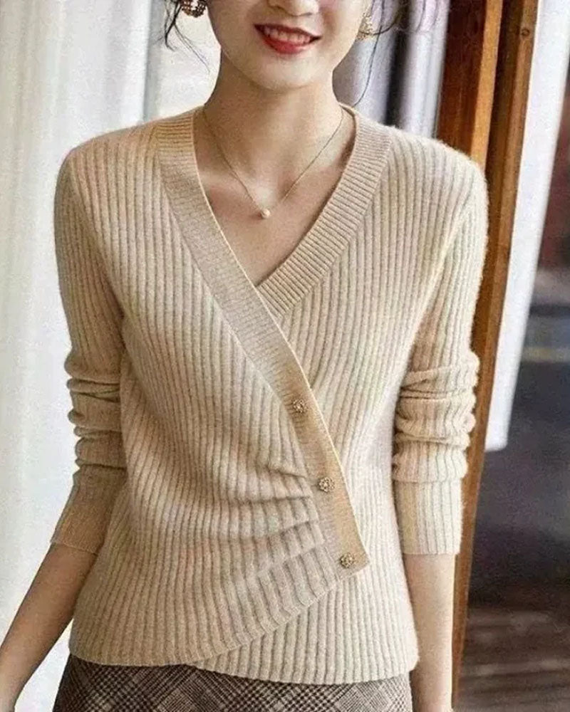 Designers' V-neck Wool Sweater with Asymmetrical Buttons