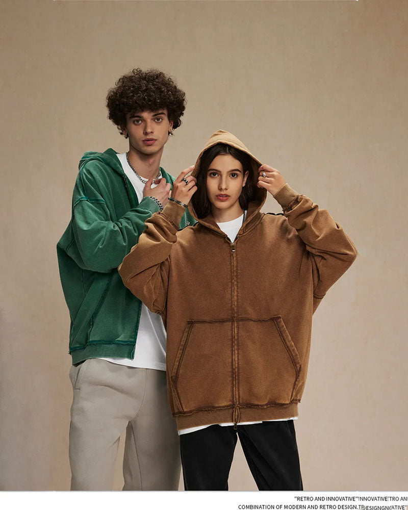 Distressed Washed Batik Retro Zipper Hoodies