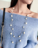64+ cm Austrian-crystal & pearl double-layer sweater-chain necklace, gold-tone links—adds refined sparkle to winter knits or summer tees.