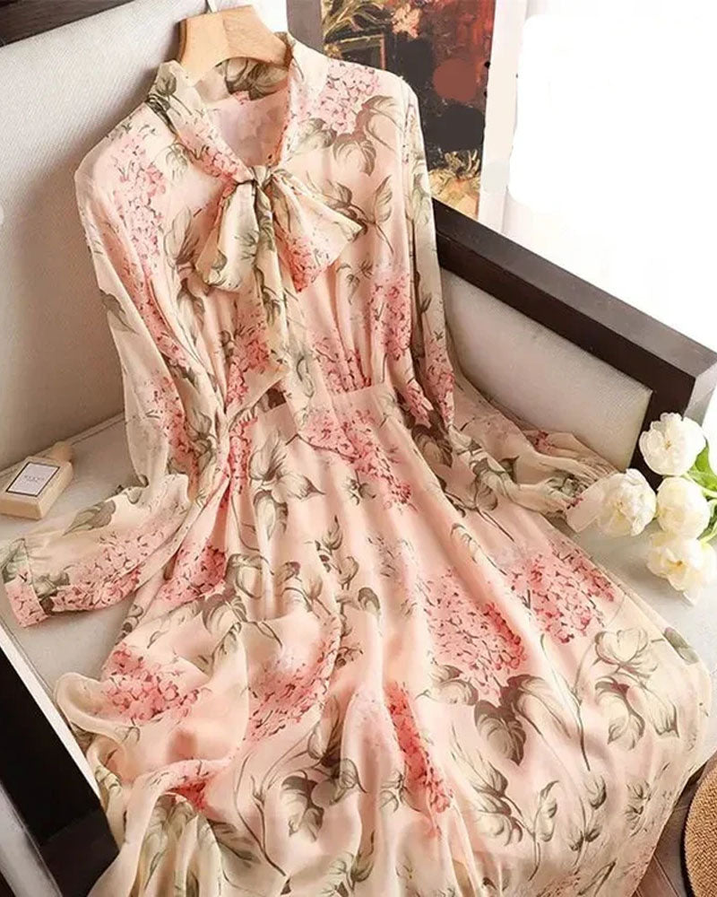 Floral Print Chiffon Bow Neck Long Sleeve Dress