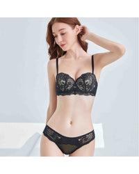 Sexy lace half-cup bra set—removable shoulder straps, side-slender bands, scalloped trim; wireless push-up padding lifts small chests for natural cleavage under deep-V tops.