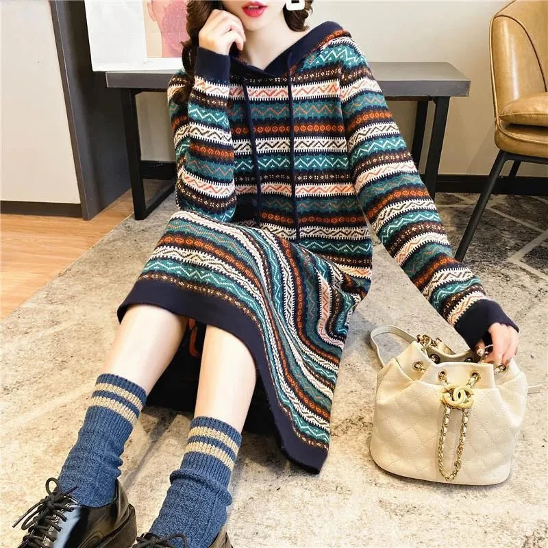 Oversized Striped Knitted Hooded Dress