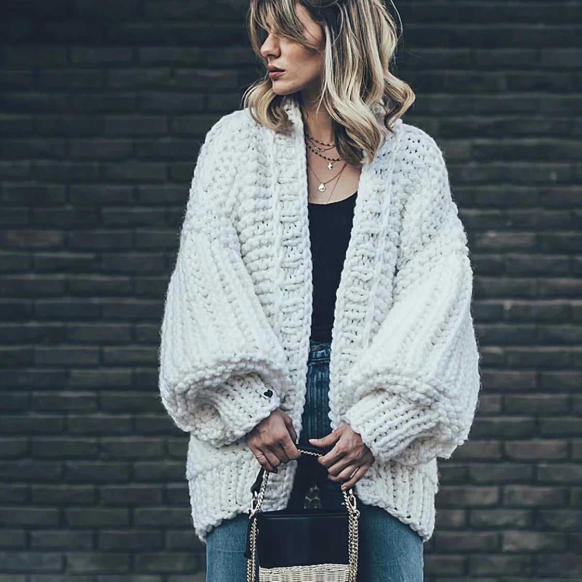Bohemian Style Knitted Lantern Sleeve Sweater Cardigan